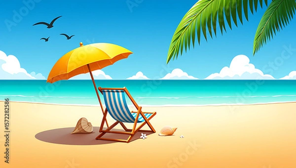 Fototapeta Relaxing beach scene with deck chair umbrella seashells and palm fronds