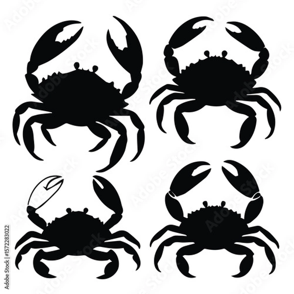 Obraz Crab silhouettes in various poses on a white background. Four different crab silhouettes, displaying a variety of crab positions, against a plain white background.