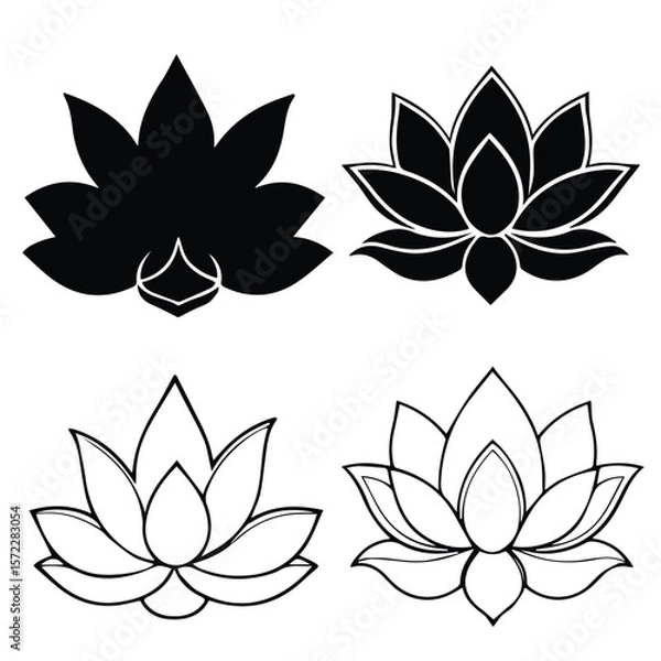 Obraz Lotus flower designs in black and white, symbolic and decorative. Four lotus flower images in various black and white designs, perfect for logo design, print, or digital media.
