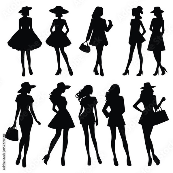Obraz Silhouette collection of fashionable women in various poses and outfits. Collection of diverse female models in various attire and poses, set against a plain background.