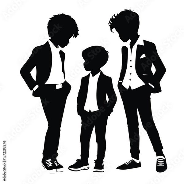 Obraz Three young boys in formal wear standing in a group. Silhouettes of children in suits, posing casually, against a white background.
