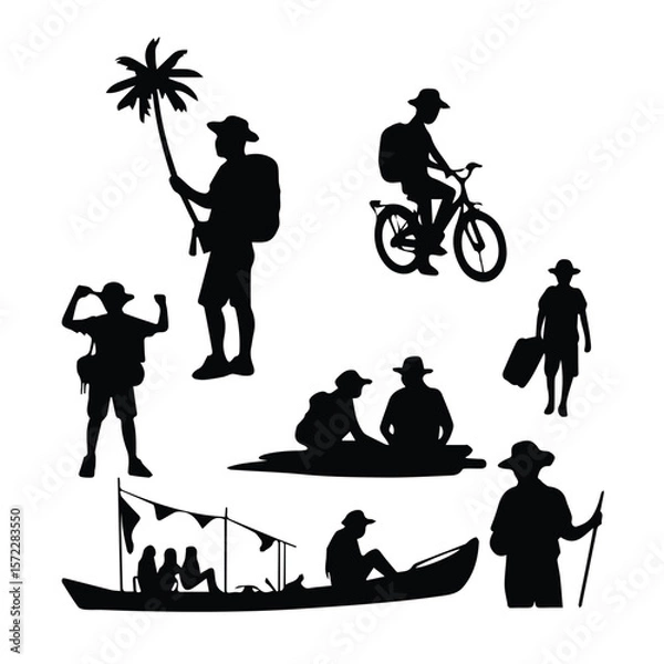 Obraz Adventurous adults and children in various outdoor activities like hiking, biking, boating, and exploring a tropical setting.