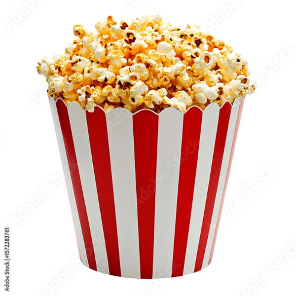 Fototapeta Buttery Popcorn in Red Striped Bucket, Isolated on Transparent PNG