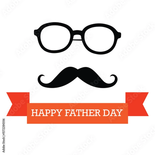 Obraz Generic father figure with spectacles and mustache in a celebratory Father's Day design. Simple graphic of a man's face with a ribbon banner displaying the text "Happy Father's Day".