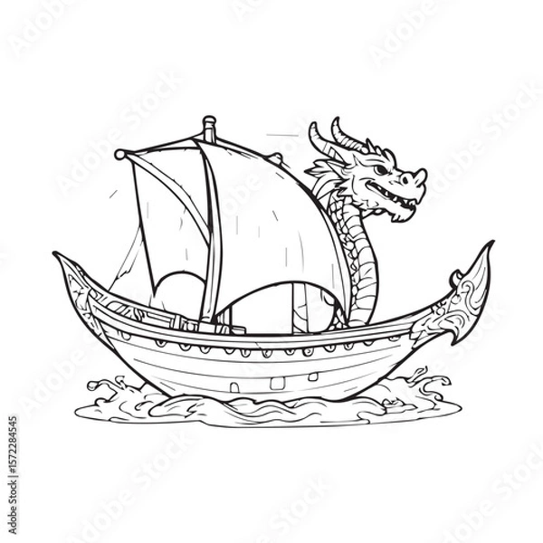 Obraz Dragon-headed sailing ship illustration in a black and white style. A stylized, mythical vessel with a dragon head atop sailing on water.