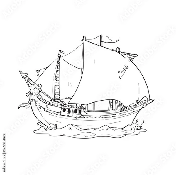 Obraz Medieval sailing ship illustration in black and white, stationary on water. Detailed sketch of a historic vessel with ornate dragon-like bowsprit and multiple cabins.