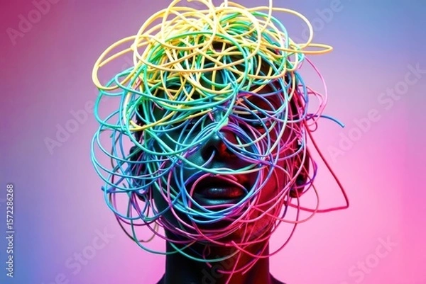 Fototapeta A man's head is covered in colorful strings