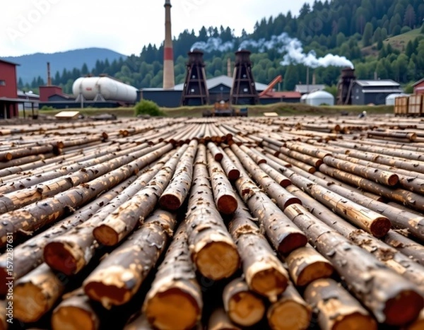 Fototapeta the image depicts a large quantity of cut tree trunks in the foreground, stretching out in parallel lines towards the background, these logs are stacked and arranged neatly