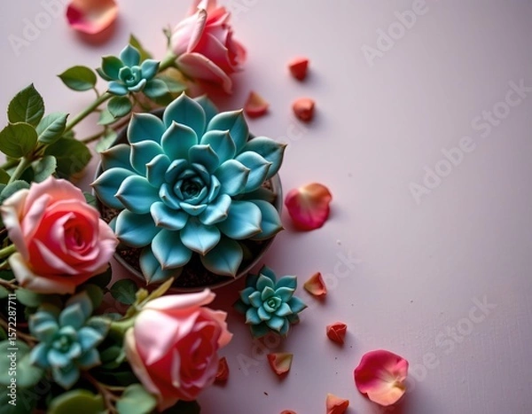 Fototapeta the image features several succulent plants and roses, all arranged on a light pink surface, the lighting is soft and diffused, creating a gentle and warm atmosphere