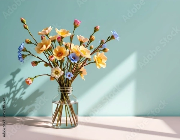 Fototapeta a still life features a clear glass bottle filled with water and several slender brown stems