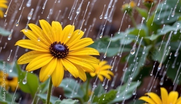 Fototapeta in the image, a bright flower takes center stage as rain falls around it, the flower is primarily yellow, with a textured dark center, water droplets cling to its petals and stem