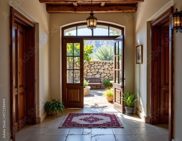 Fototapeta the image showcases an inviting indoor space with an open doorway leading to an outdoor area, the color palette is dominated by earthy tones, with creams, browns