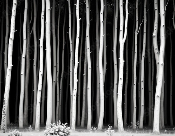 Fototapeta this is a black and white photograph of a dense forest, the main subject is the multitude of tall, slender trees that dominate the scene, they stand close together