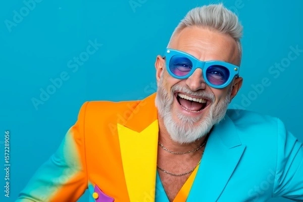 Fototapeta A man in a colorful suit and sunglasses smiles at the camera