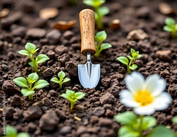 Fototapeta the main subject of the image is a small hand tool with a wooden handle and a metal blade, positioned in dark soil, several small plants with green leaves surround the tool