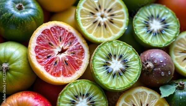Fototapeta this image features a collection of fruit, both whole and sliced, arranged in a visually appealing manner, the dominant color is green, ranging from darker