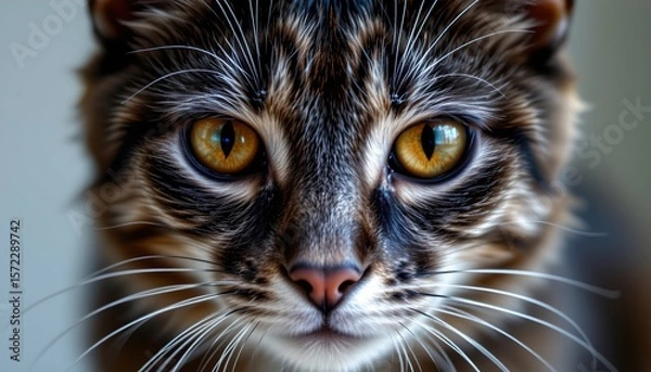 Fototapeta the photograph presents a tightly cropped, head on view of a feline, the main subject is the face, the fur is predominantly black
