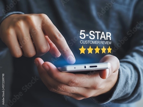 Obraz Person interacting with smartphone displaying five star customer review hand finger