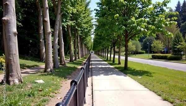 Fototapeta the photograph presents a long, straight concrete walkway, flanked by distinct types of trees on either side, on the left, tall, slender trees stand close together