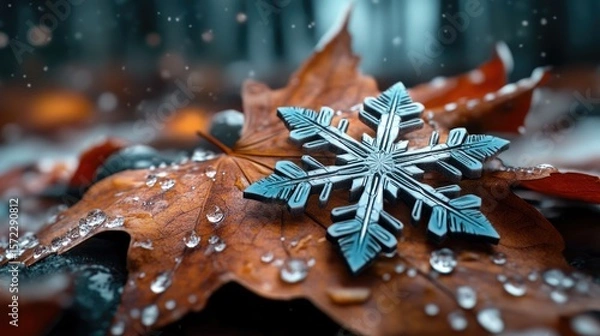 Fototapeta Snowflake with intricate details on a leaf, frost forming around the edges.