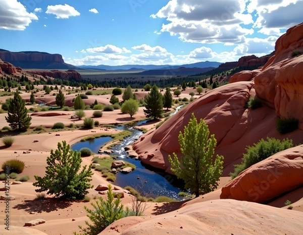 Fototapeta various shades of red, orange, and brown in the rocks, green trees and shrubs are sparsely scattered across the landscape, providing contrast