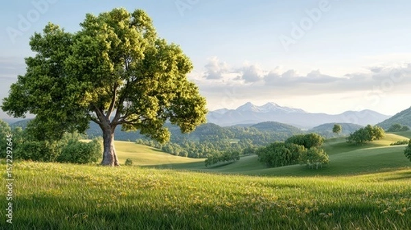 Fototapeta The last light of day illuminates a wide meadow, the golden rays of the sunset casting a serene glow on the landscape.