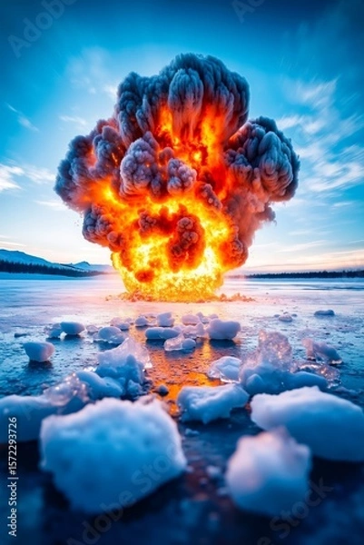 Fototapeta A large explosion in the middle of a frozen lake