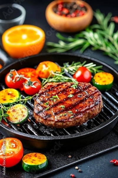 Fototapeta A steak on a grill with vegetables on a black plate