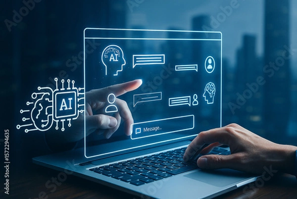 Fototapeta AI generated digital image showing a person using a laptop with a glowing transparent AI interface representing intelligent technology connection and futuristic communication