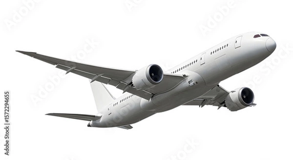 Fototapeta Low Angle Underside View of White Airplane Boeing 787 Dreamliner Aircraft in Mid-Flight Displaying Engines and Aerodynamic Features Isolated on a Transparent Background