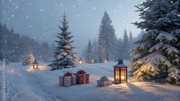 Fototapeta Enchanting Winter Scene: A serene winter landscape unfolds, showcasing snow-laden pine trees and softly falling snowflakes, with elegantly wrapped gifts adding a touch of festive charm.
