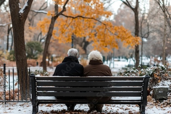 Fototapeta A couple sitting on a bench in a park in the snow