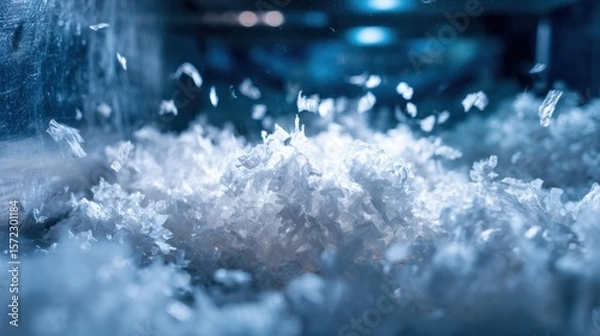 Fototapeta Macro view of white shredded plastic flakes flying in a blue-toned recycling facility, ideal for waste processing visuals, circular economy themes, and sustainable materials concepts