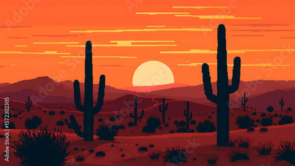 Fototapeta Pixelated desert landscape with saguaro cacti at sunset with orange sky and mountains