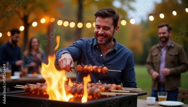 Fototapeta Smiling man grilling skewers over open fire with string lights and friends in background