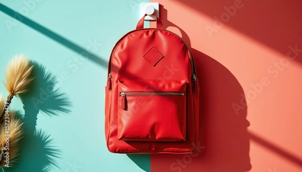 Fototapeta back to school essentials bright red backpack hanging. In the morning before lessons.