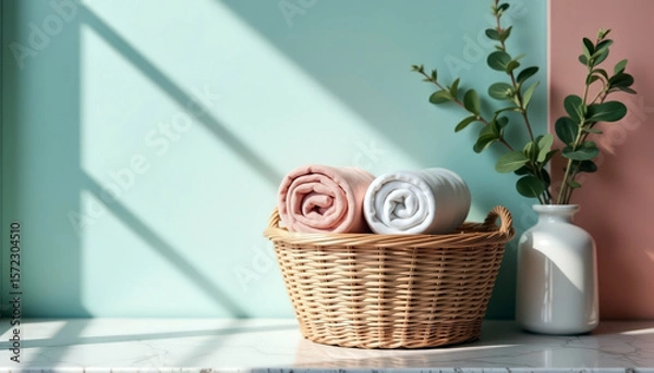 Fototapeta rolled pink and white towels in wicker basket near vase with green branches on marble shelf against pastel wall. Ready for weekend cleaning.