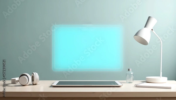 Fototapeta headphones, tablet, glass bottle and lamp arranged neatly on remote work desk with glowing screen. Focus in stillness..