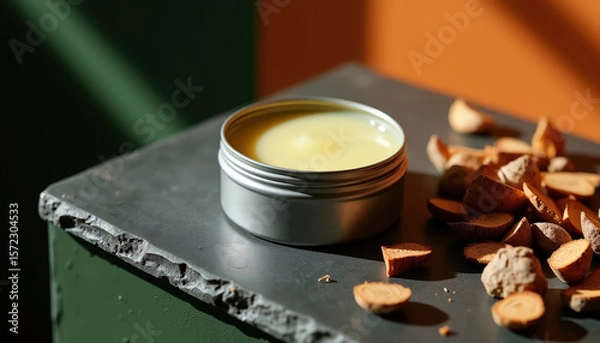 Fototapeta organic balm in metal tin beside natural wood elements on rough surface background. A small ritual of calm..