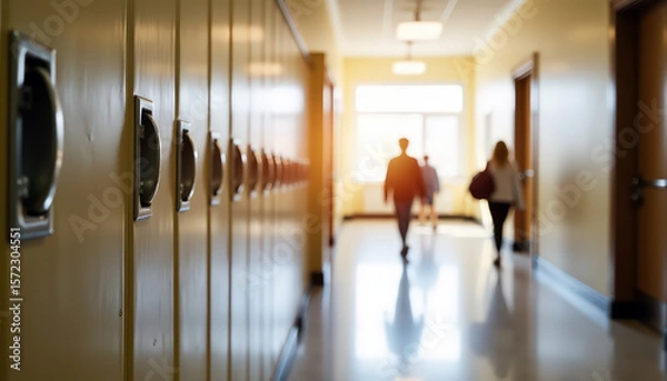 Fototapeta school hallway lined with yellow lockers and students walking away down corridor. End of another day.