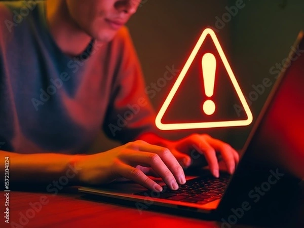 Obraz Person typing on laptop with glowing red warning symbol image