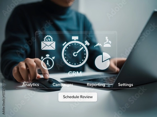 Obraz Person using computer with digital interface showing C R M analytics campaigns reporting and settings