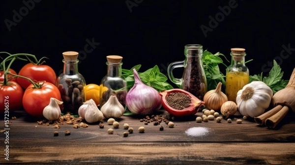 Obraz Fresh Italian cooking ingredients include olive oil, colorful vegetables like tomatoes and basil, and garlic, perfect for a healthy pasta salad