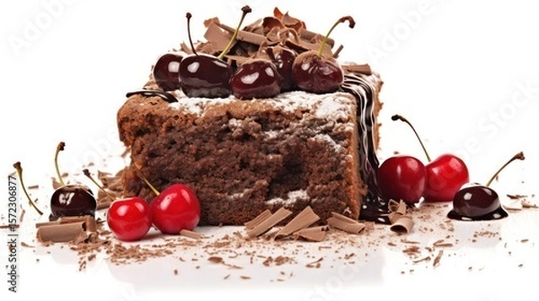 Obraz Delectable chocolate cake slice with cherries and cream on a plate, a sweet and tasty dessert