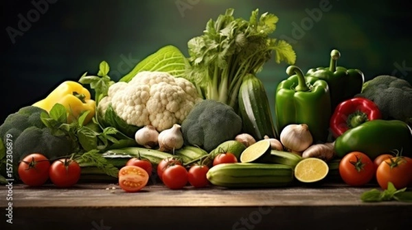 Obraz Fresh, healthy fruits and vegetables, including tomatoes, peppers, and green lettuce, are beautifully arranged on a wooden table