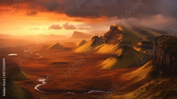 Obraz Panoramic mountain landscape at sunrise or sunset, with a beautiful sky and snow-capped peaks