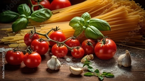 Obraz Fresh red cherry tomatoes with basil and garlic, a healthy organic vegetable ingredient
