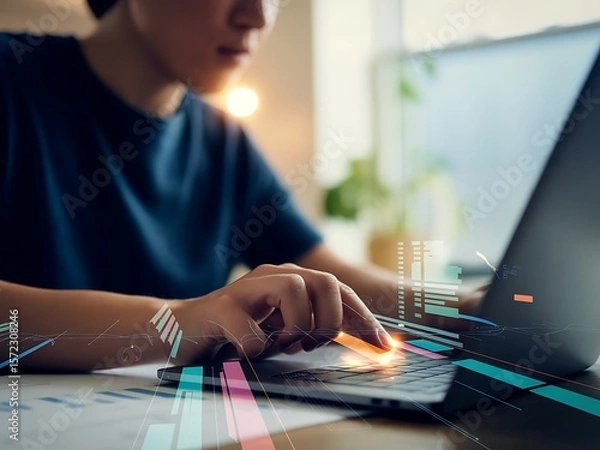 Obraz Person using laptop with digital data overlays keyboard