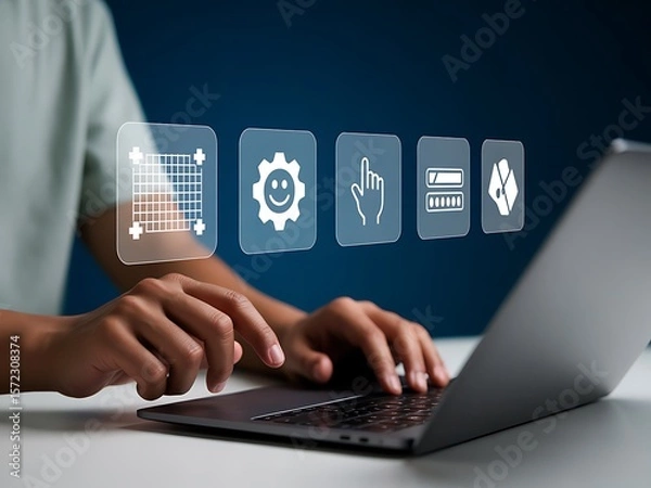 Obraz Person using laptop with digital interface icons technology