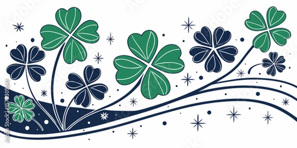 Obraz Flat design of green shamrock or clover leaves pattern on dark purple white  background, used as decoration for St. Patrick's Day.